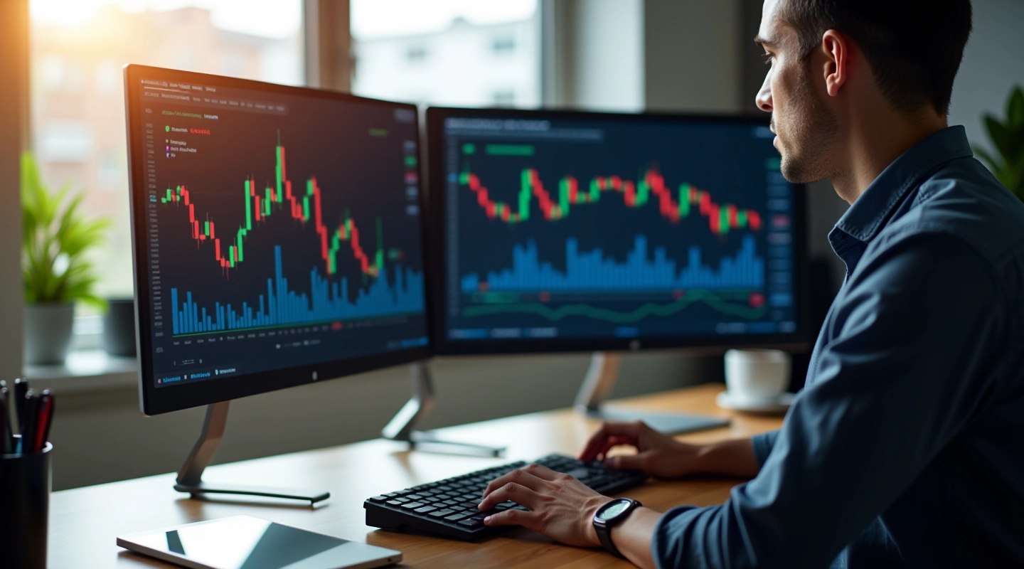 Computer monitor displaying financial data charts and performance metrics on a clean desk