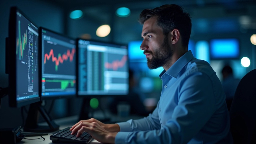 Professional trader analyzing multiple screens showing real-time market data and trading algorithms